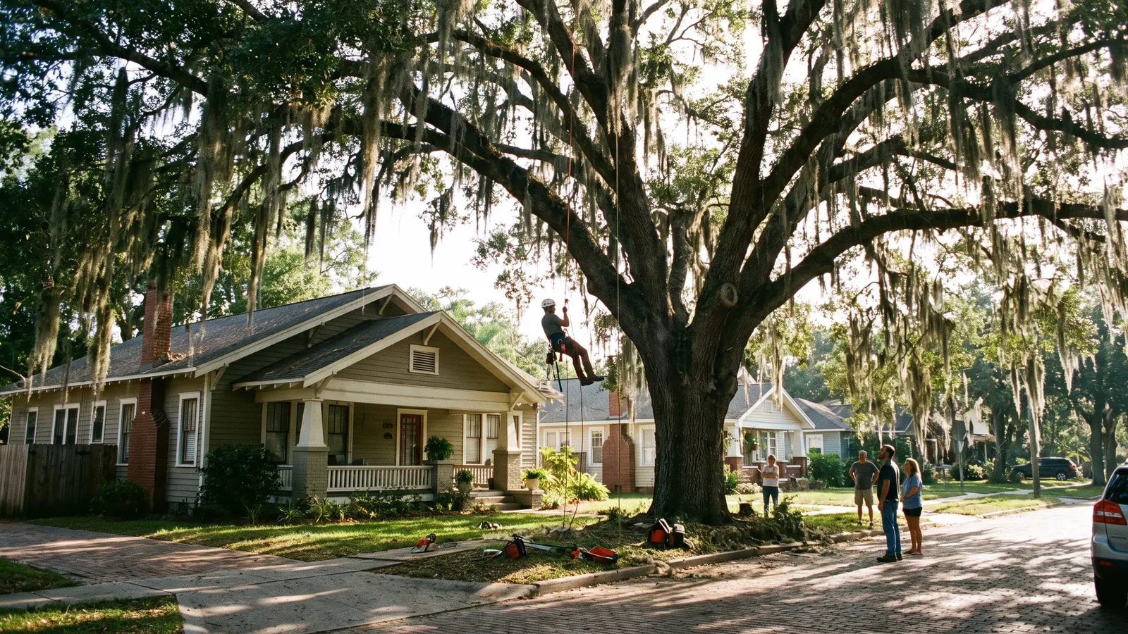 Arborist roped into a Spanish-moss-draped live oak above a 1920s bungalow in a historic Lakeland, Florida neighborhood