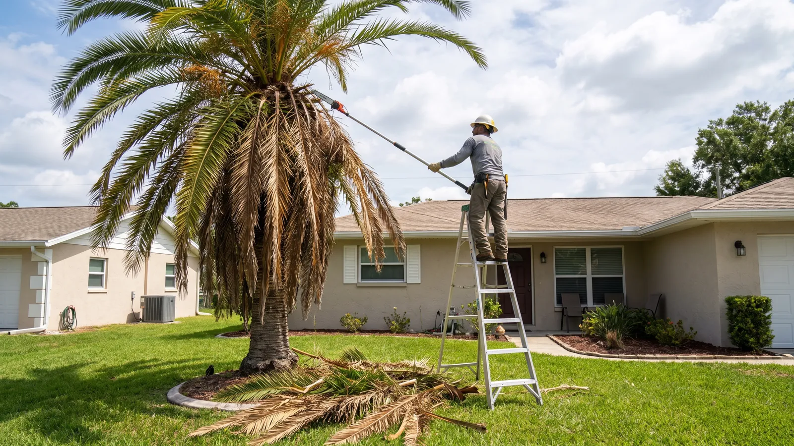 Worker trimming dead fronds from a cabbage palm in a Lakeland front yard