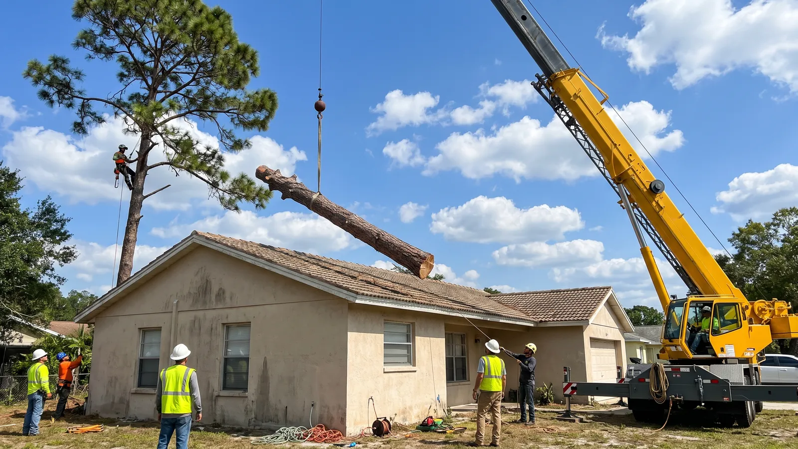 Crane lifting a section of a tall slash pine over a house in Lakeland, Florida