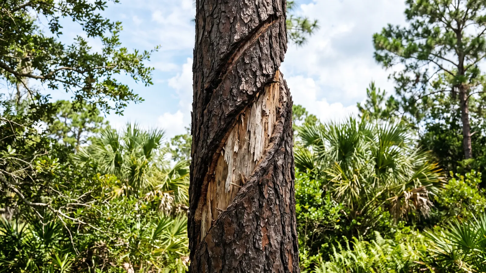 Long spiral lightning scar running down the trunk of a pine tree in central Florida
