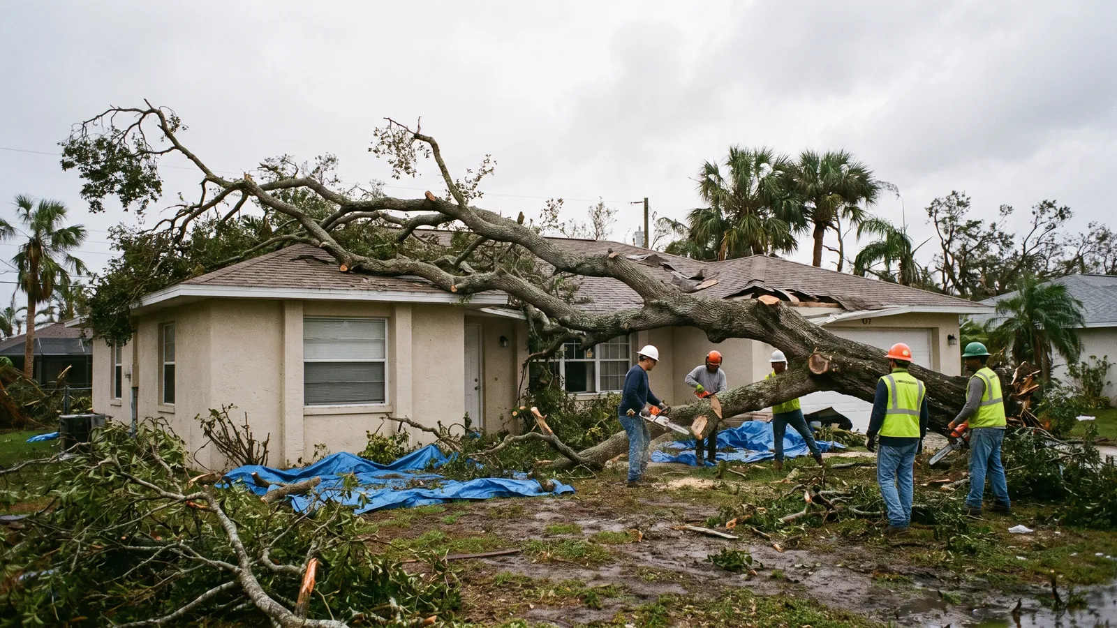 Large oak limb lying across a home's roof after a hurricane while a crew cuts it free
